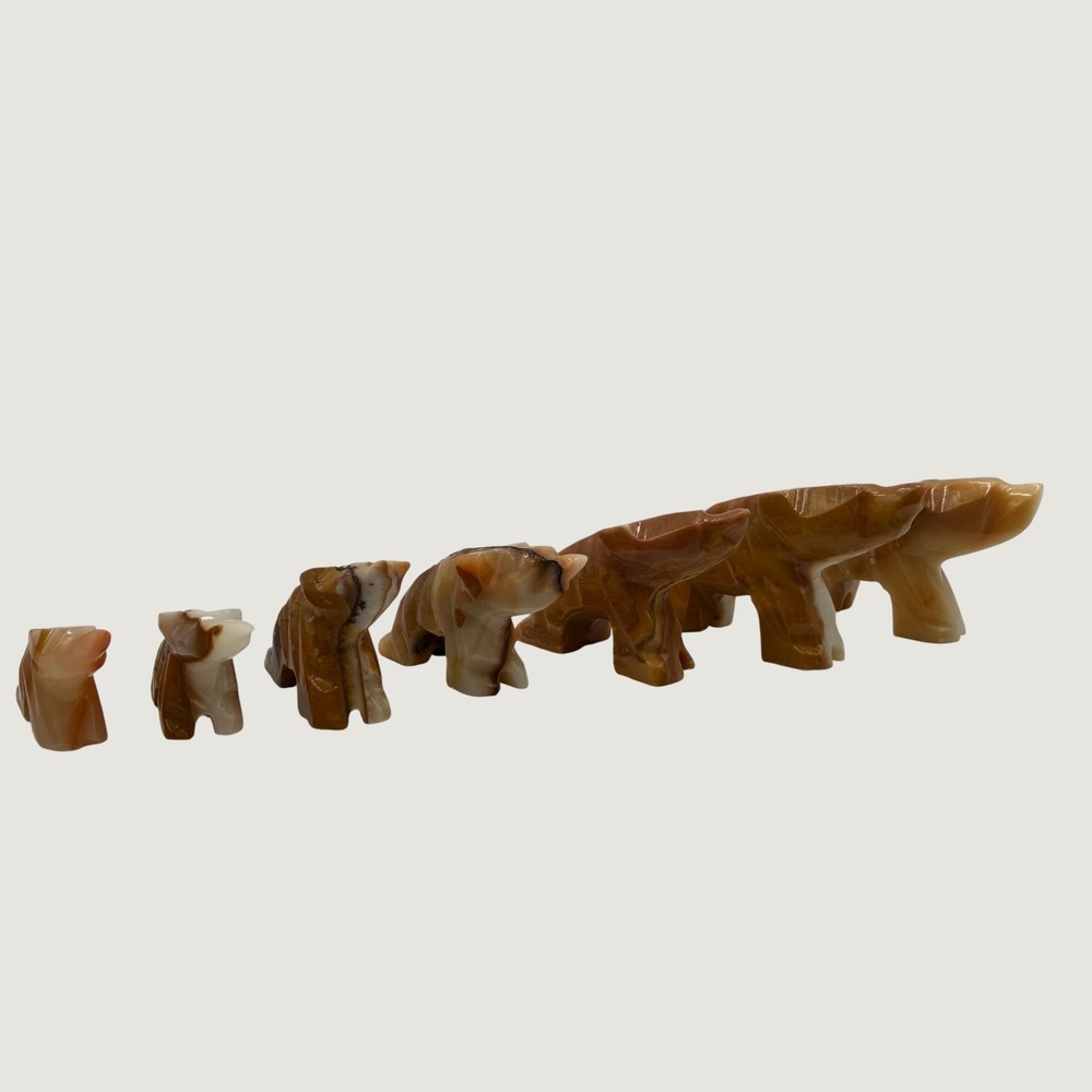 Vintage Hand Carved Onyx Stone Bear Figurines Graduated Set of 7 Brown Cream